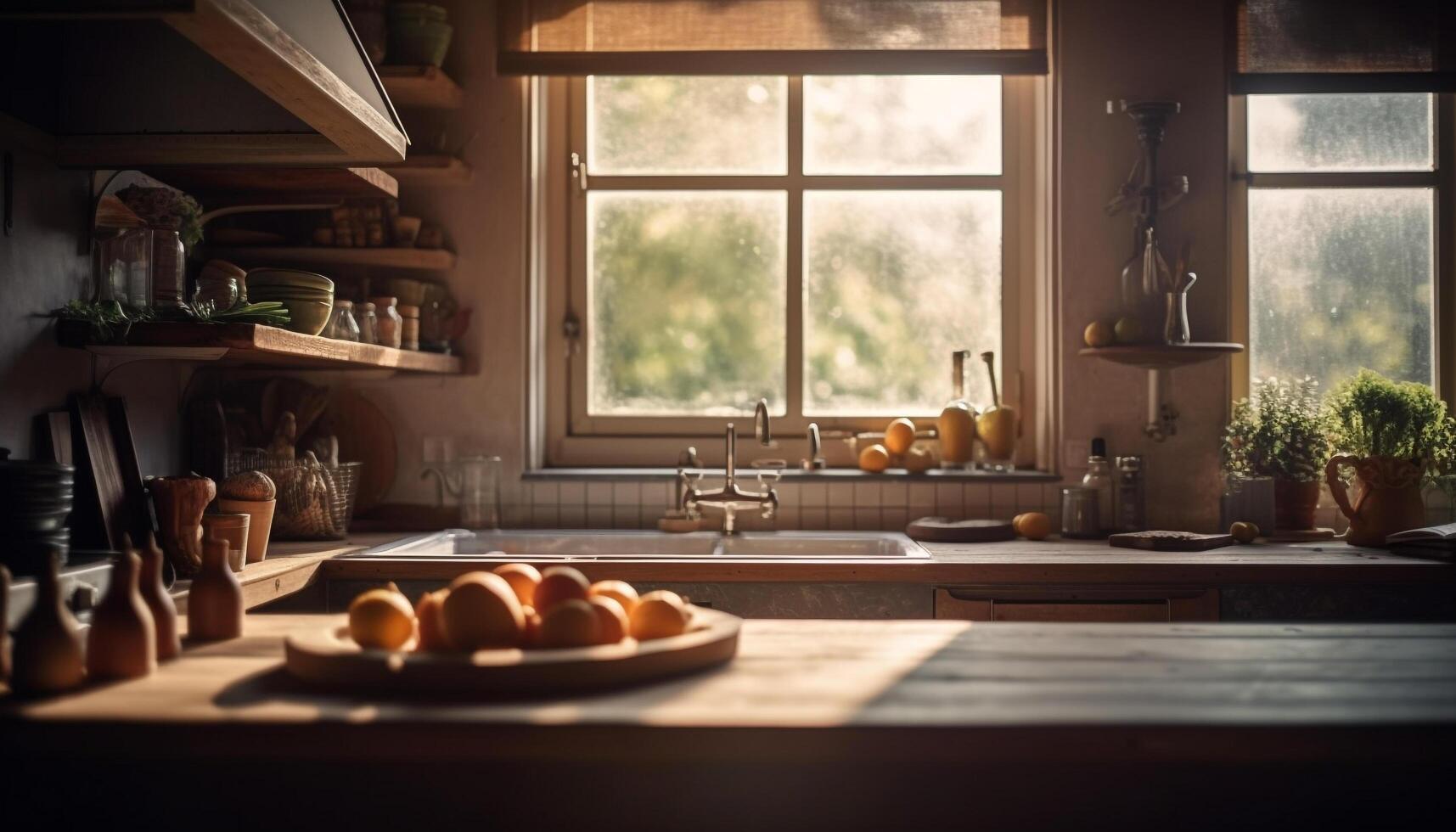 Fresh organic fruit on rustic wooden table in modern kitchen generated by AI photo