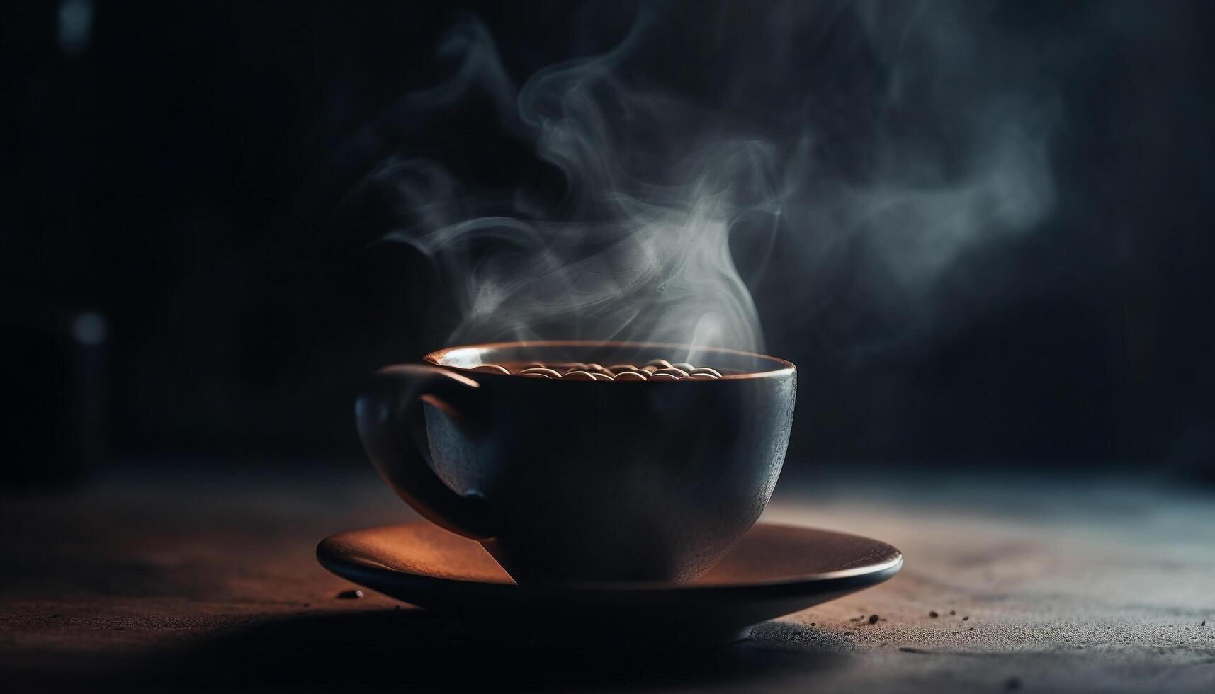 Dark coffee cup on rustic wood table, steam rising, caffeine addiction generated by AI photo
