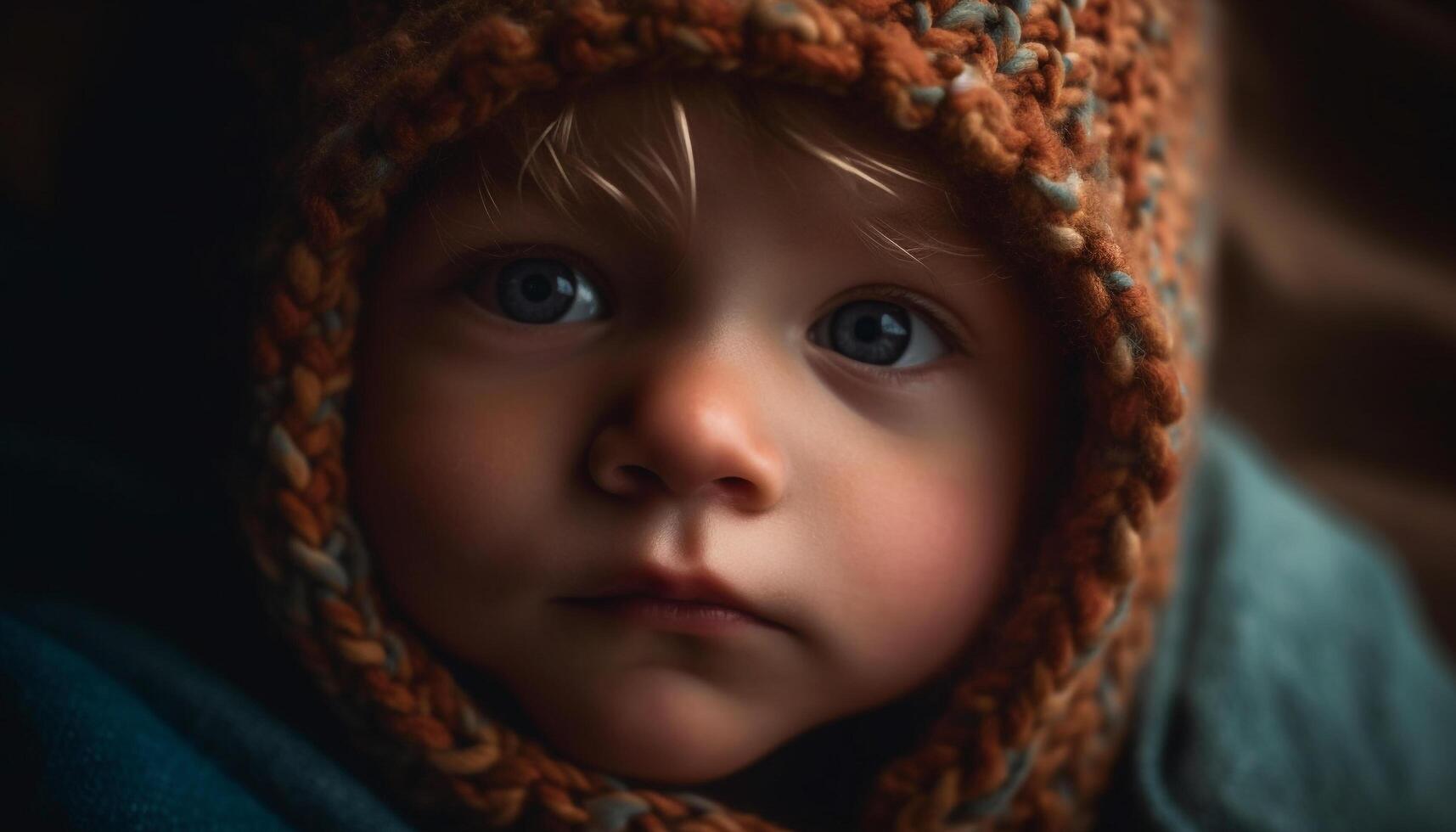 Cute Caucasian toddler boy smiling in warm knit hat outdoors generated by AI photo