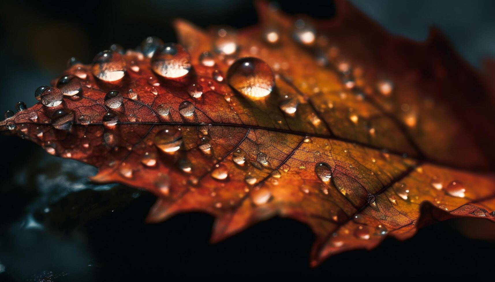 Vibrant autumn leaf reflects beauty in nature wet environment generated by AI photo