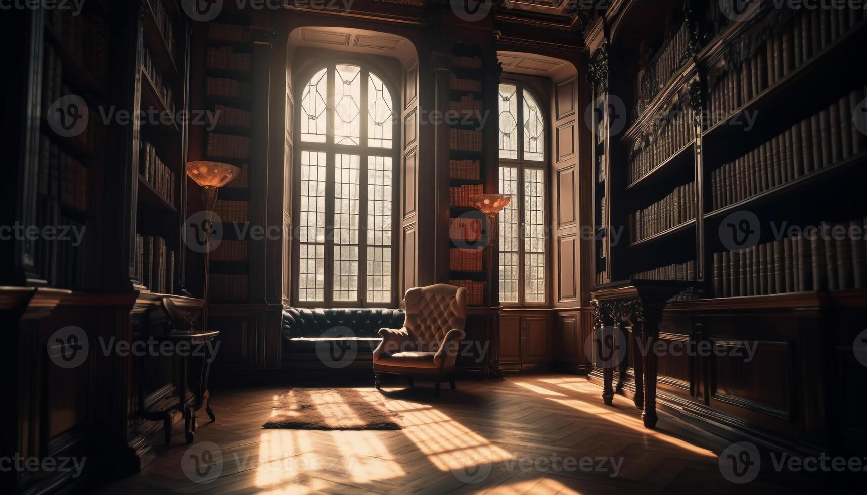 Antique library with old fashioned decor, comfortable chair, and