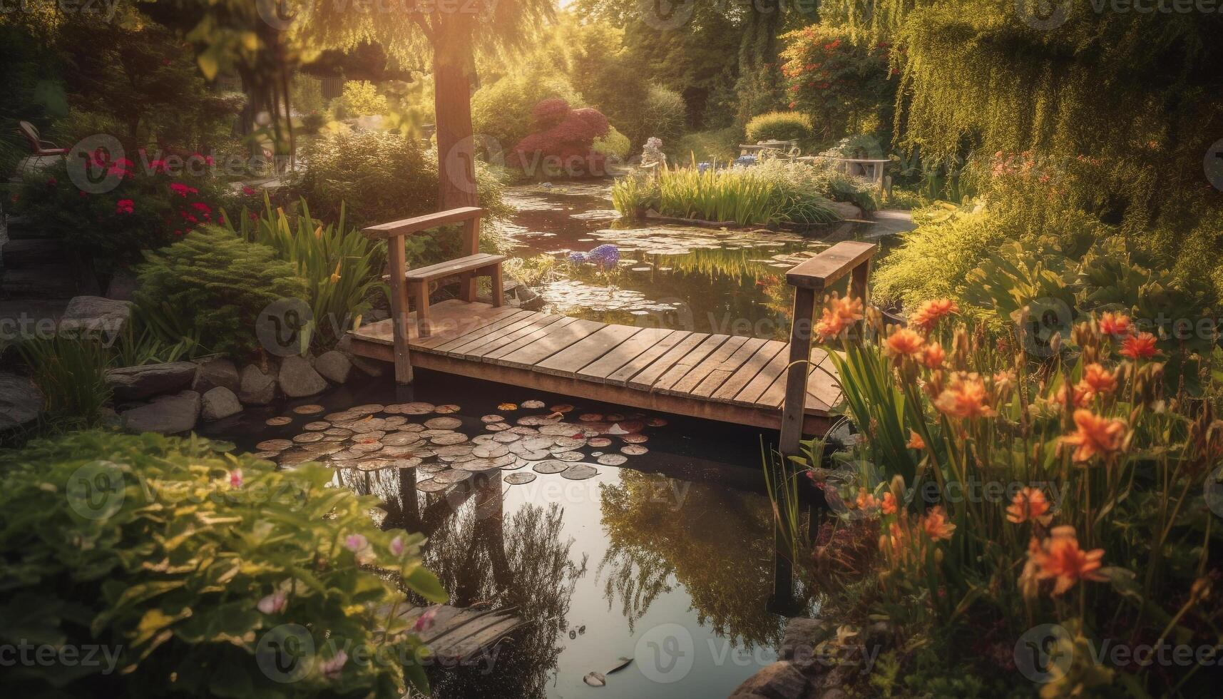 Tranquil scene of a sunset over a pond in nature generated by AI photo