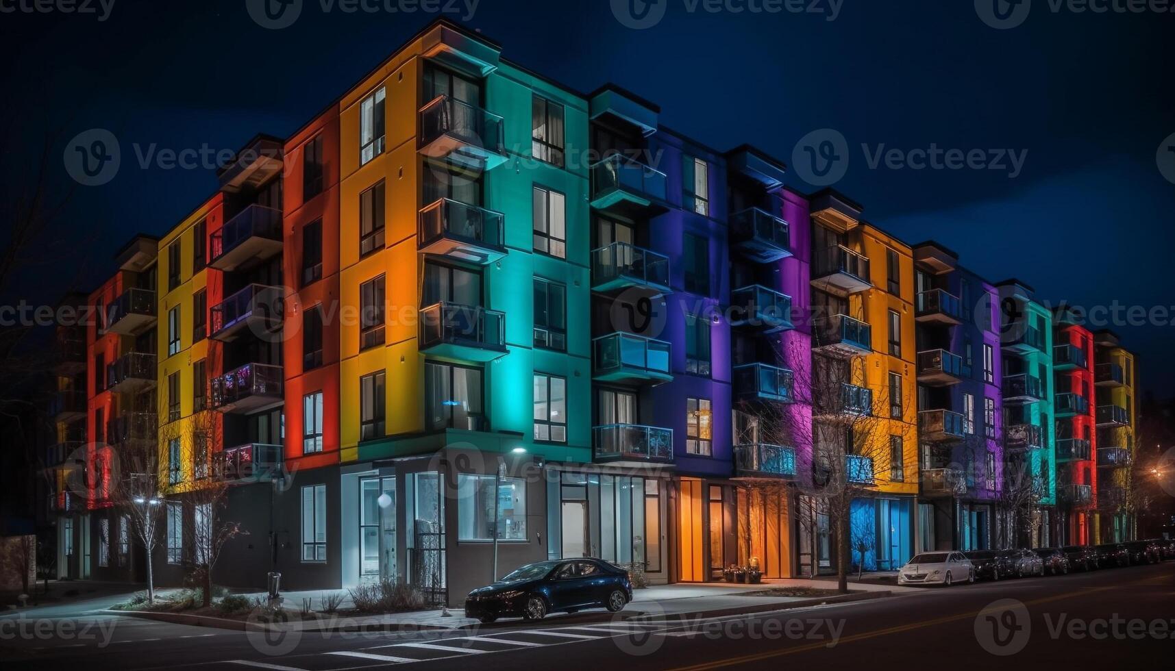 Glowing city skyline with modern architecture and colorful light trails generated by AI photo