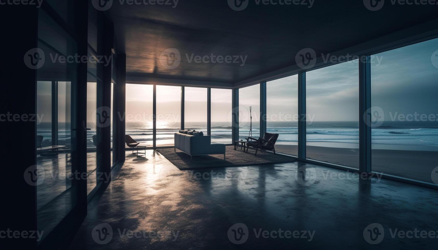 Modern architecture reflects tranquil coastline at dusk over empty table generated by AI photo