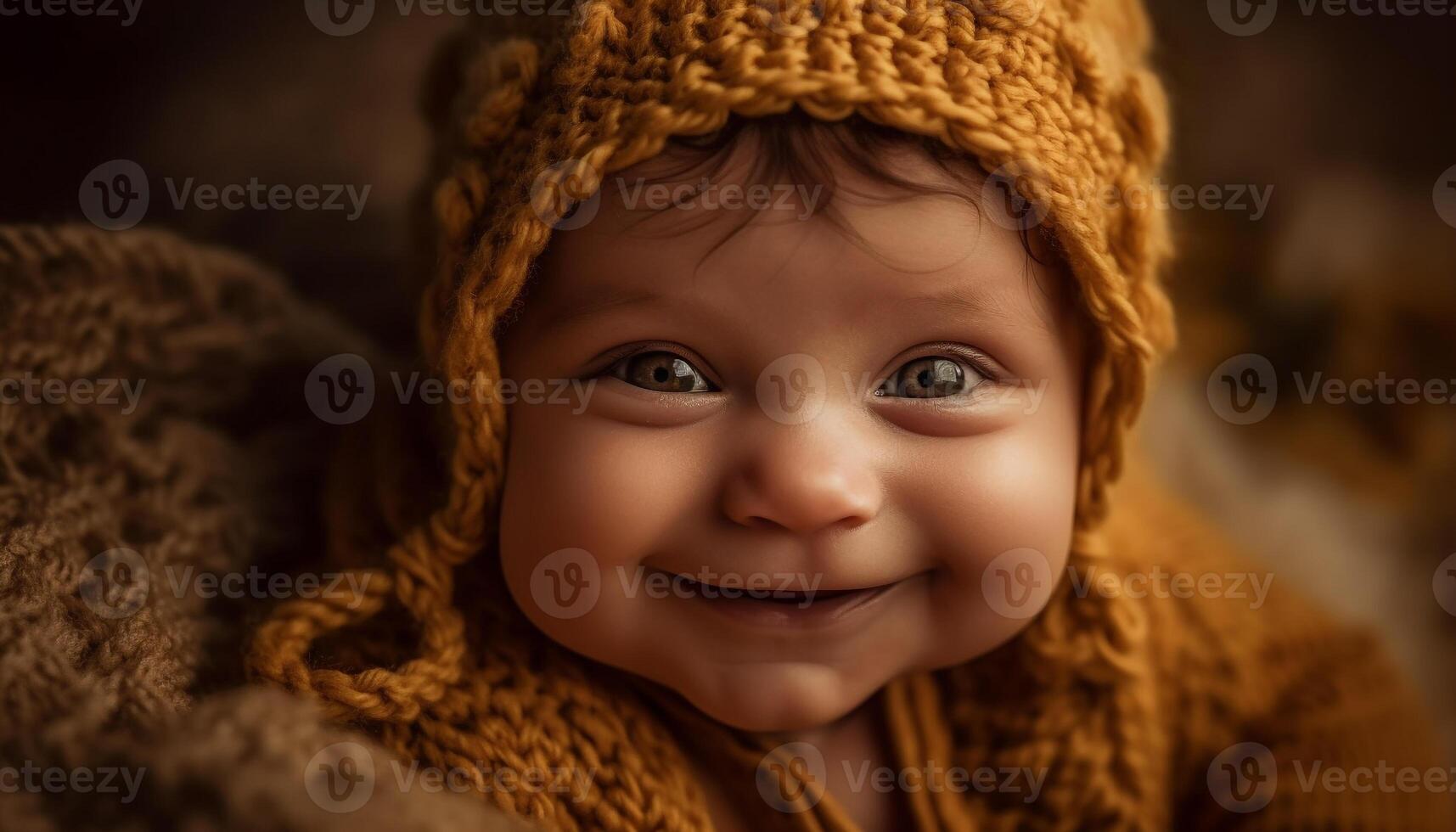 Cute baby boy in warm knit hat smiles for portrait generated by AI photo