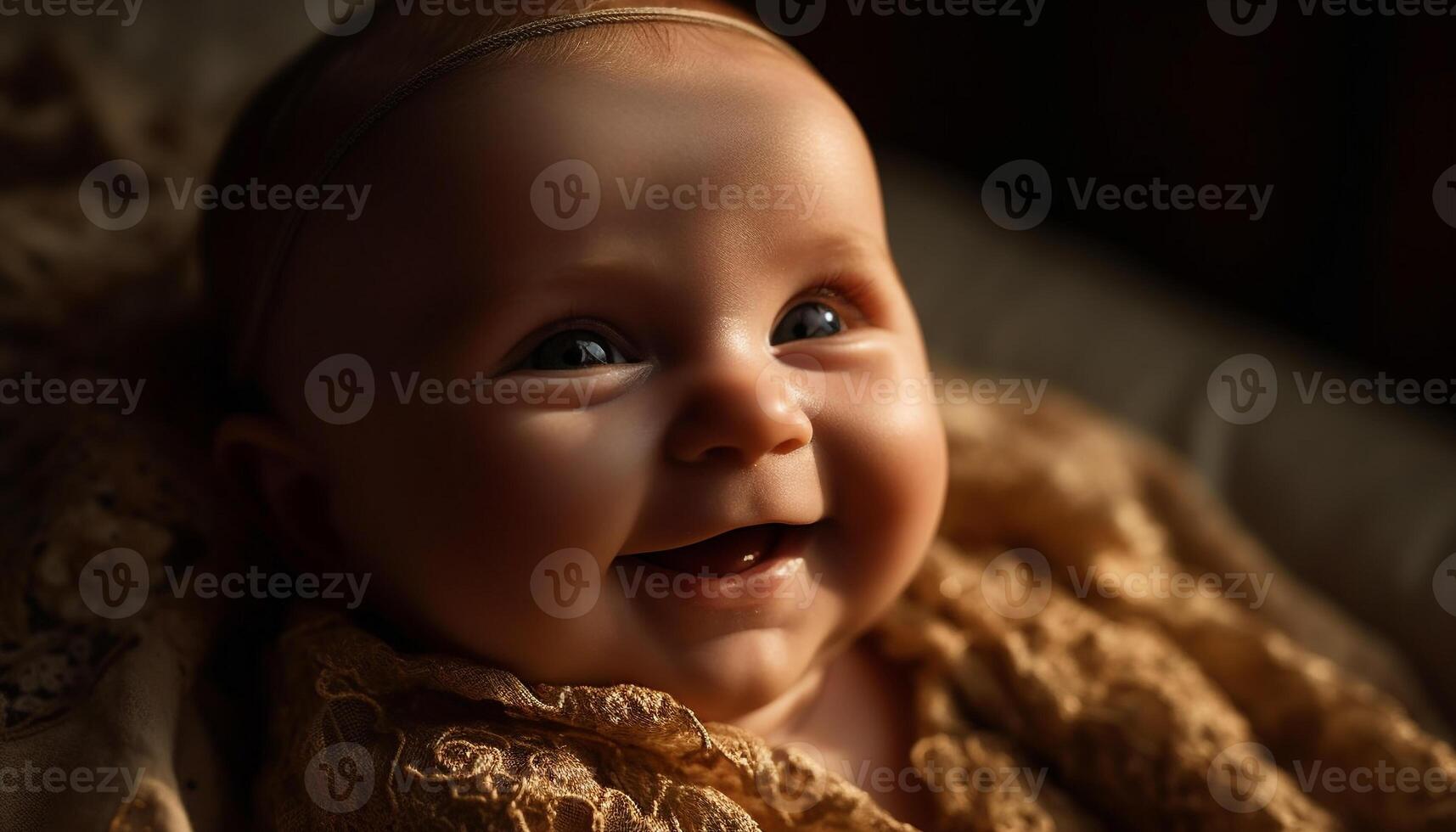 Cute baby boy smiling portrait, small child of Caucasian ethnicity generated by AI photo