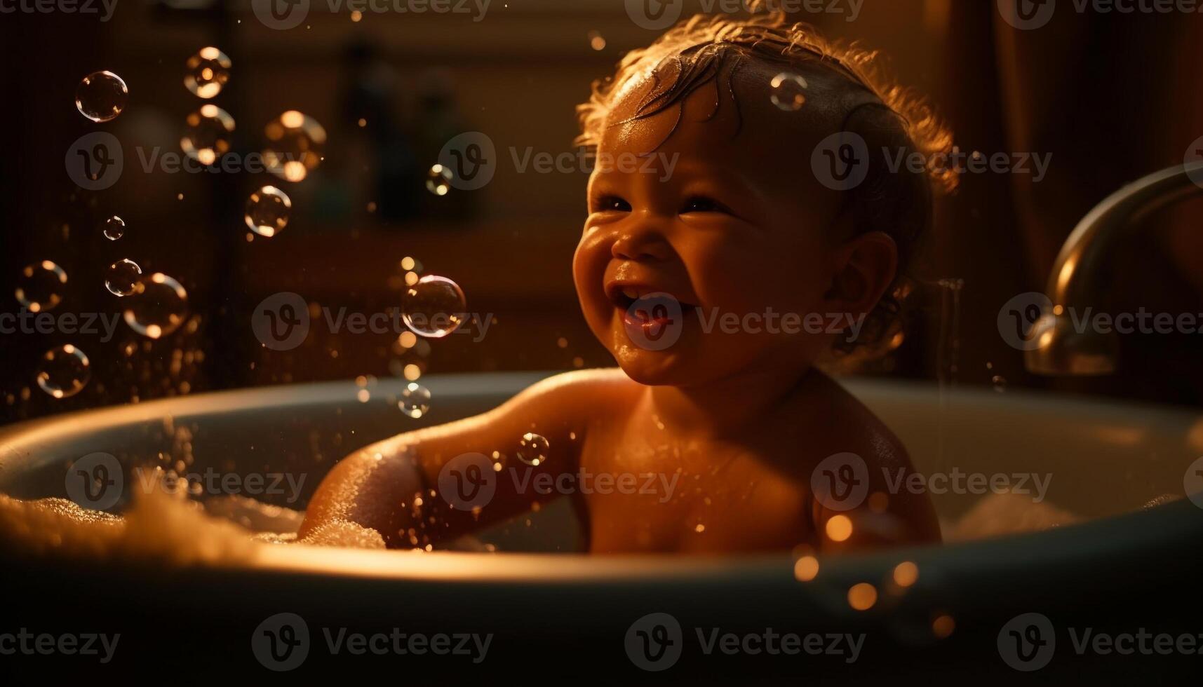 Smiling Caucasian toddler enjoying bubble bath in domestic