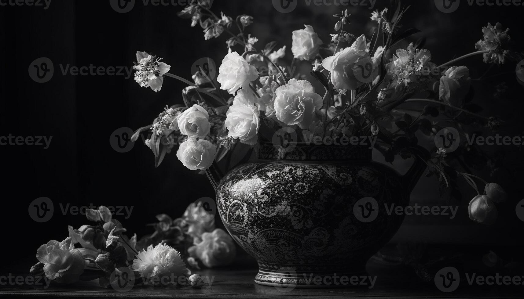 Antique vase holds monochrome bouquet, a still life masterpiece generated by AI photo