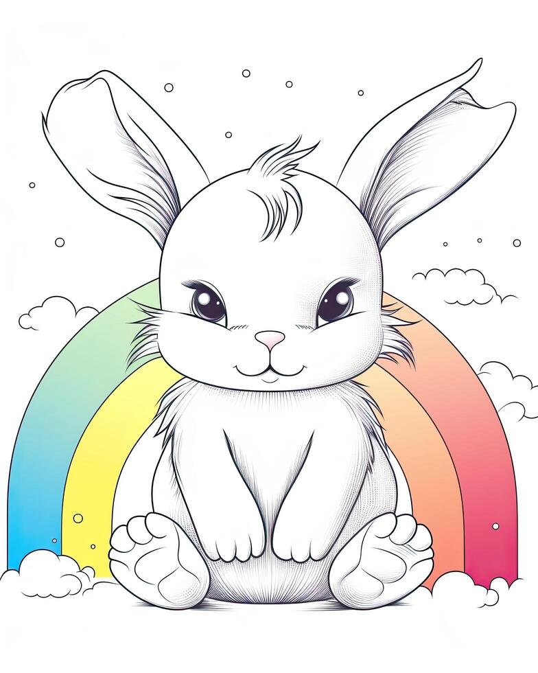 Cute bunny illustration with beautiful rainbows on a white background. Bunny cub sitting with clouds and rainbows on a white background. Cute bunny cub design for kids and adults. . photo