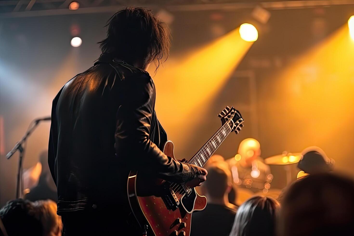 Guitarist in front of the crowd at a live concert. A guitarist full rear view playing the guitar, photo