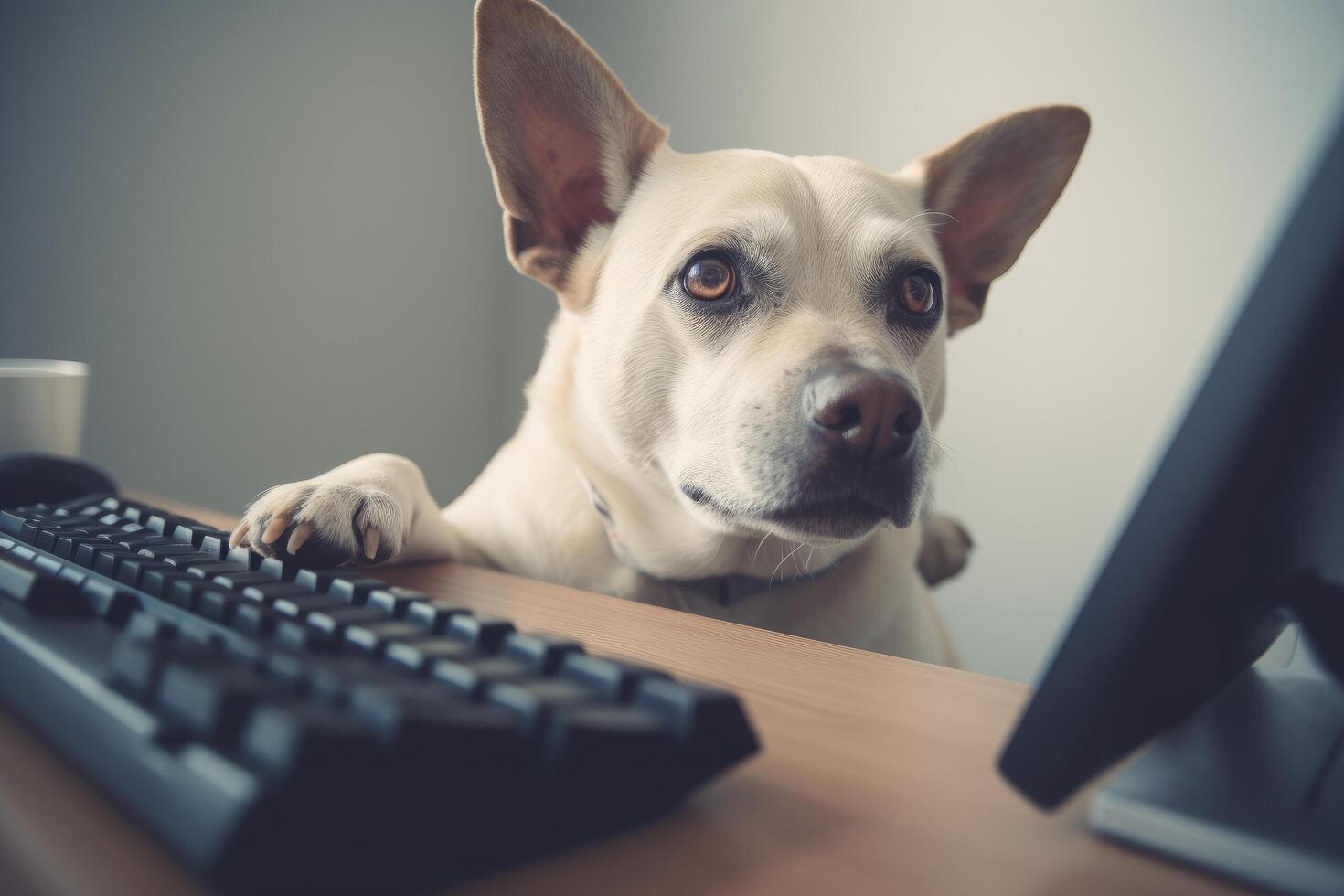 linda perro trabajando en computadora a hogar en el vivo habitación. ai generado foto
