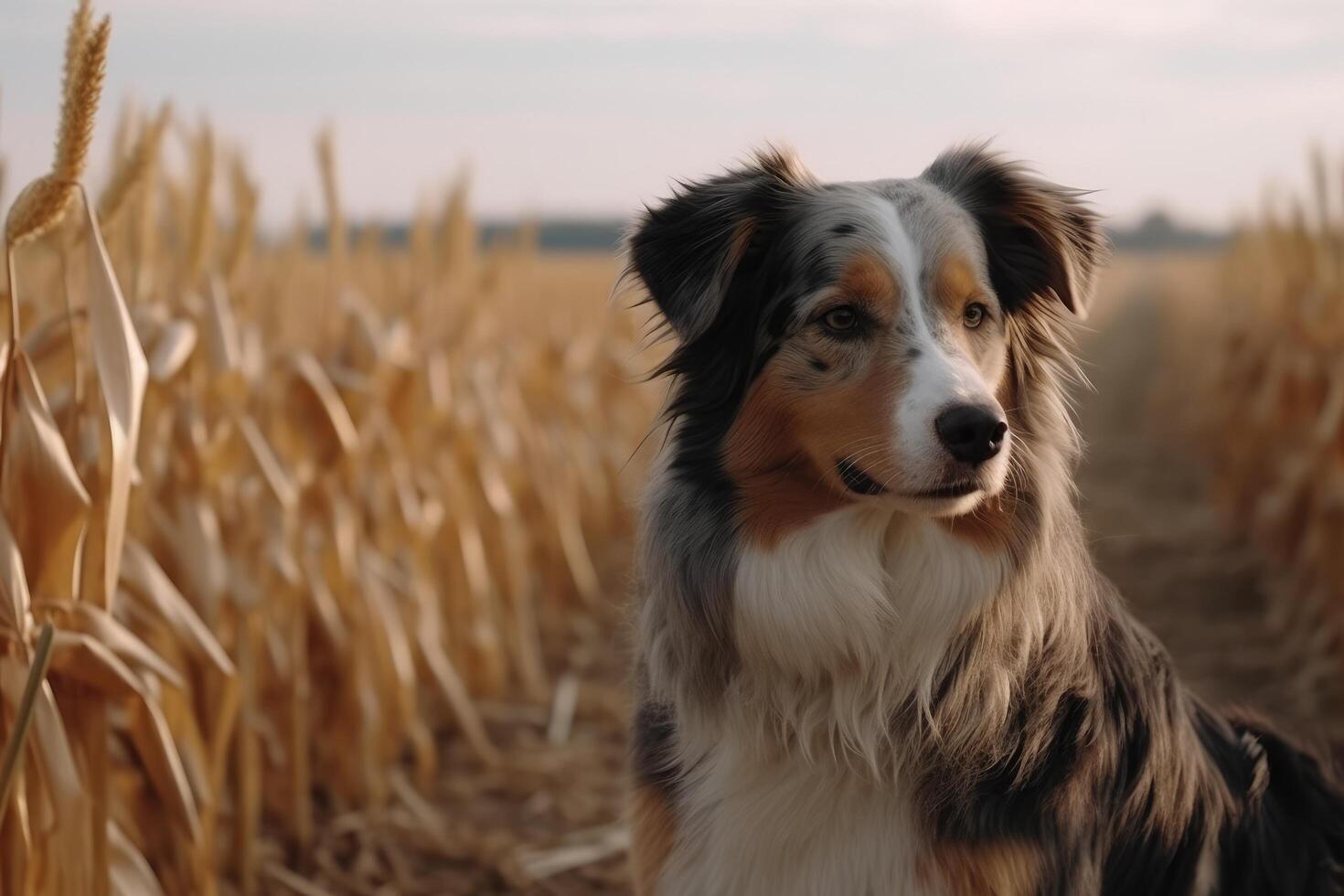 Australian shepherd dog in a wheat field. Beautiful Australian shepherd dog in a wheat field. photo