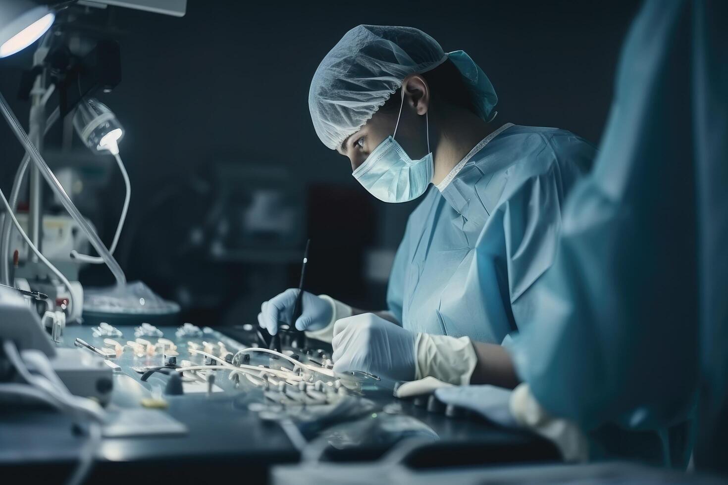 grupo de veterinario cirugía en operación habitación tomar con Arte Encendiendo y azul filtrar, un cirujano utilizando médico equipo en el operando habitación, ai generado foto