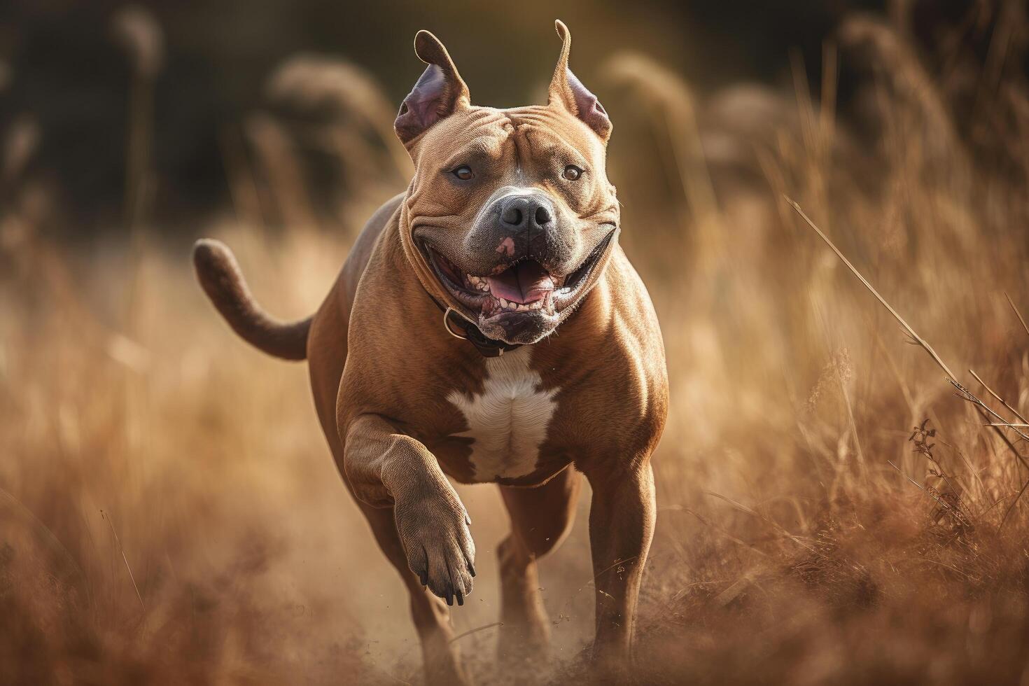 American Staffordshire terrier running in the field. Portrait photo