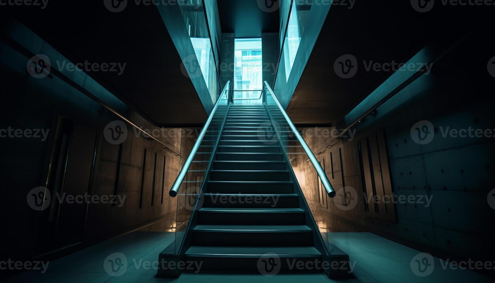 futurista subterraneo estación vacío corredor, iluminado escaleras, desvanecimiento punto perspectiva generado por ai foto