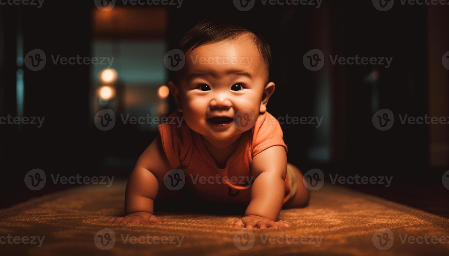 Smiling baby boy lying down, looking at camera, playful joy generated by AI photo