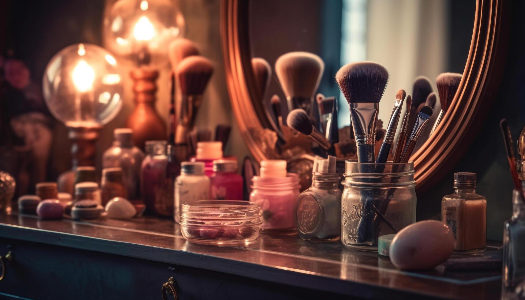 Variety of beauty products on table in hair salon workshop generated by AI photo