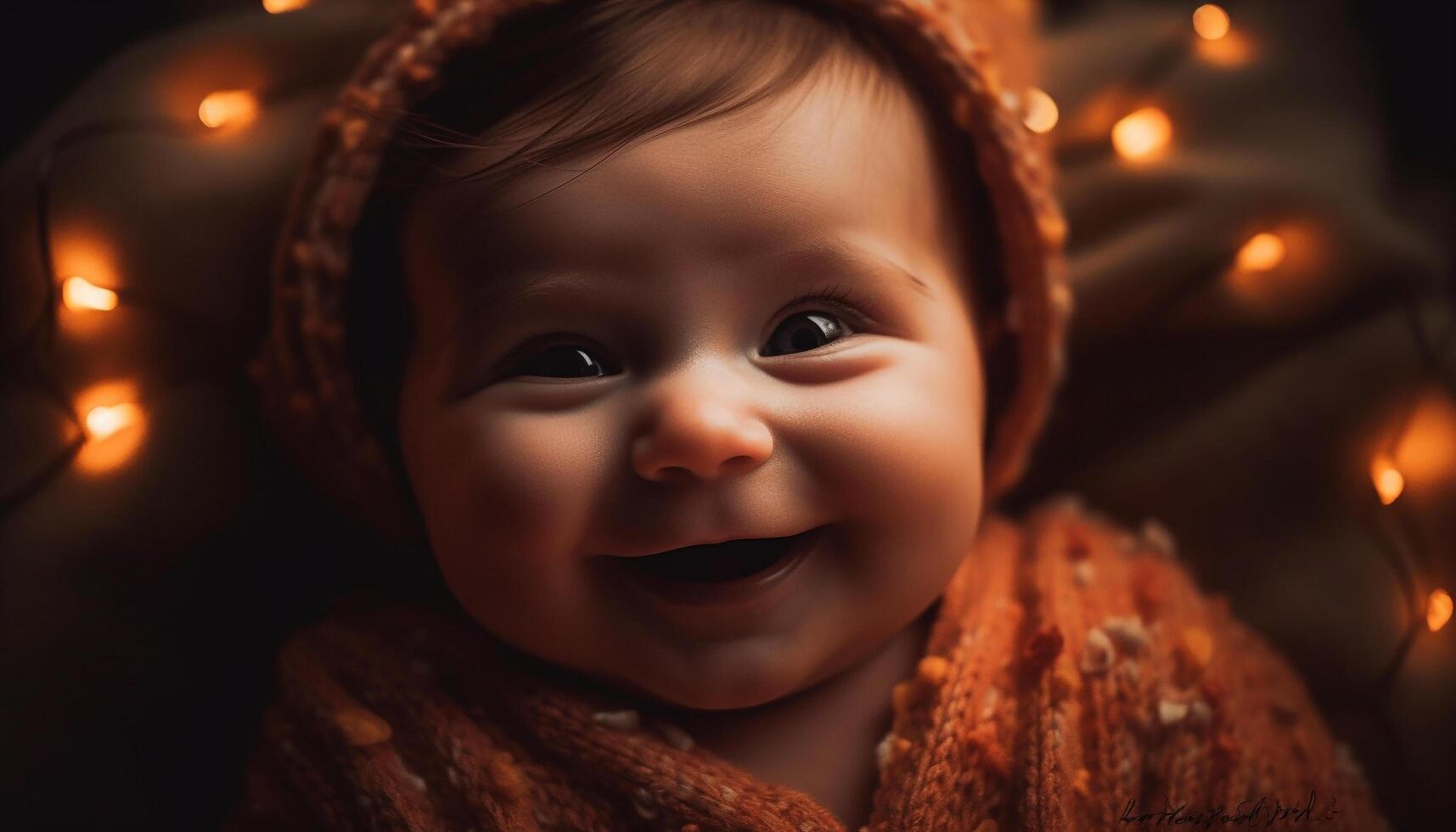 Smiling baby boy, illuminated by Christmas tree, brings new love generated by AI photo