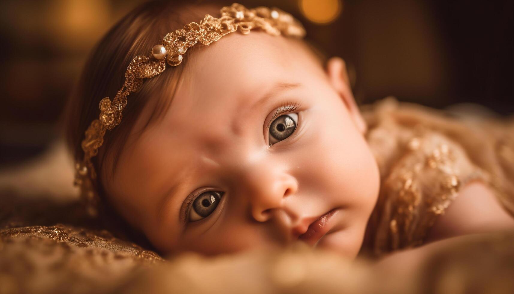 Smiling baby girl lying down, looking at camera with innocence generated by AI photo