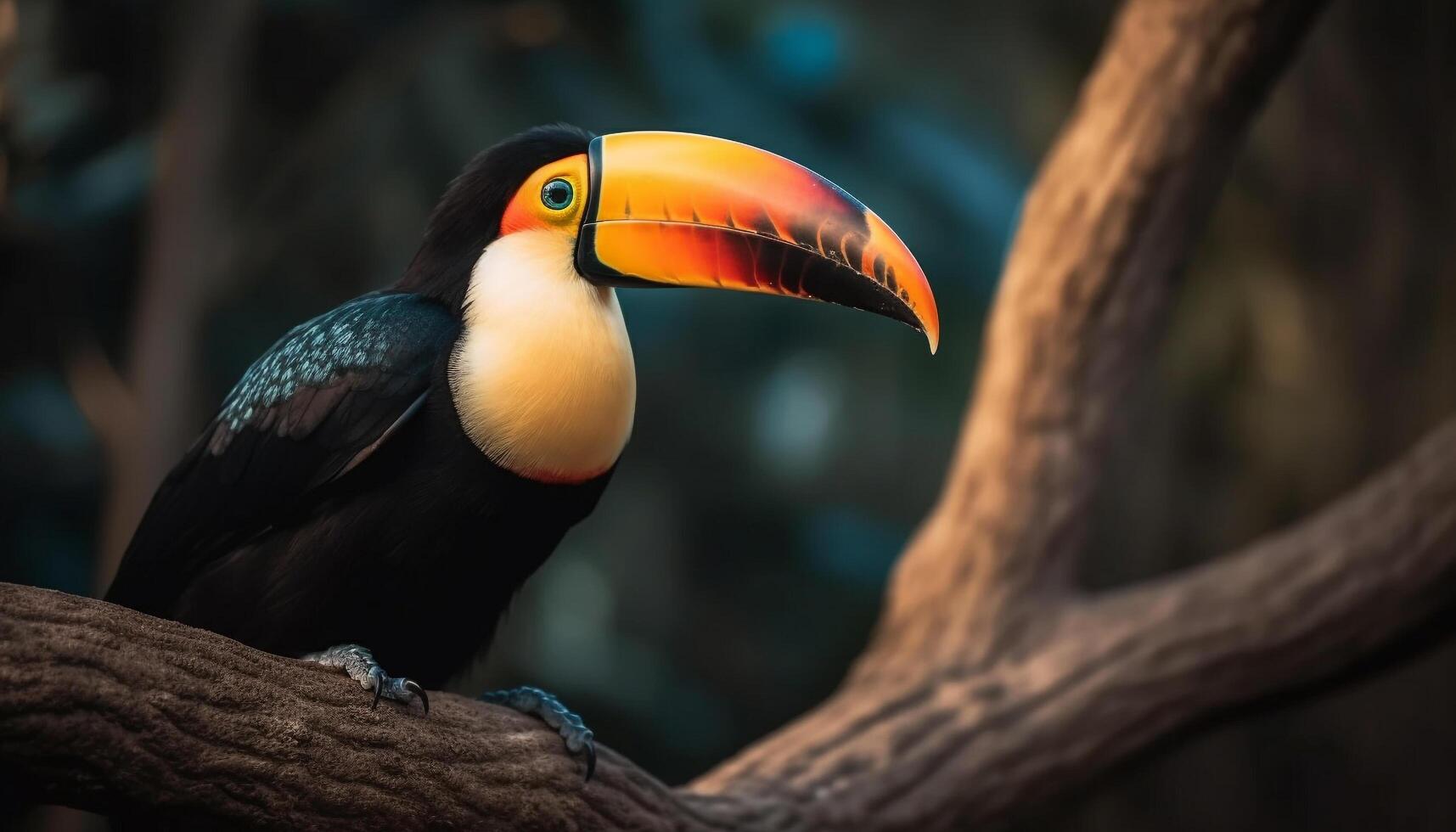 Toucan perching on branch in vibrant multi colored tropical rainforest generated by AI photo