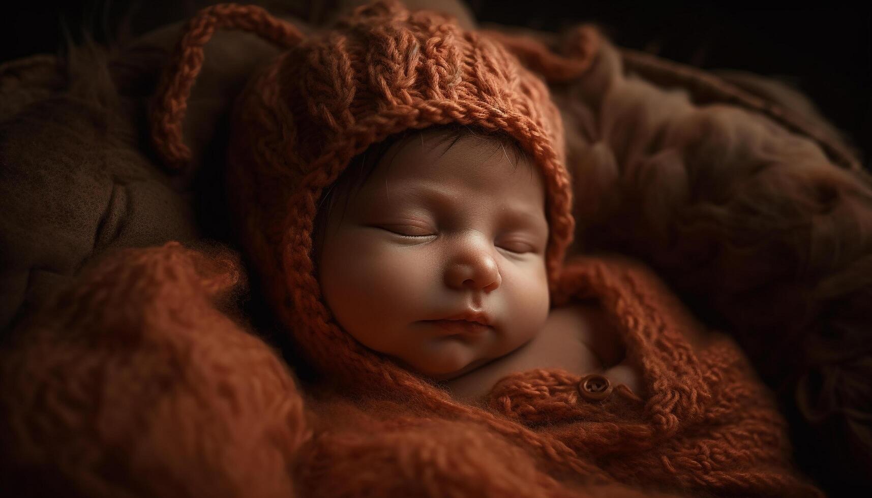 Newborn baby sleeping peacefully wrapped in soft blanket, pure innocence generated by AI photo
