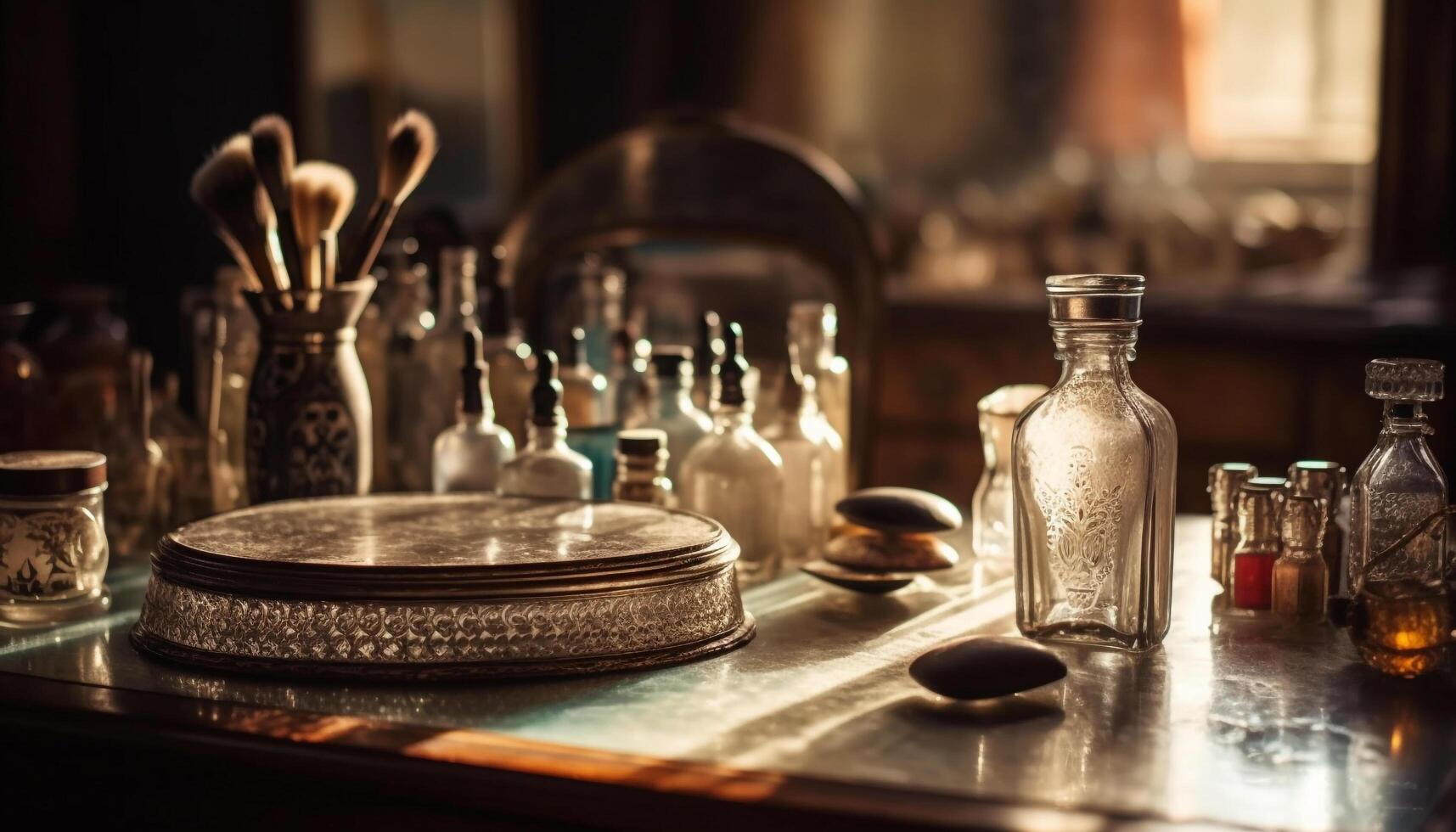 Antique whiskey bottle on rustic table, candle flame flickers nearby generated by AI photo