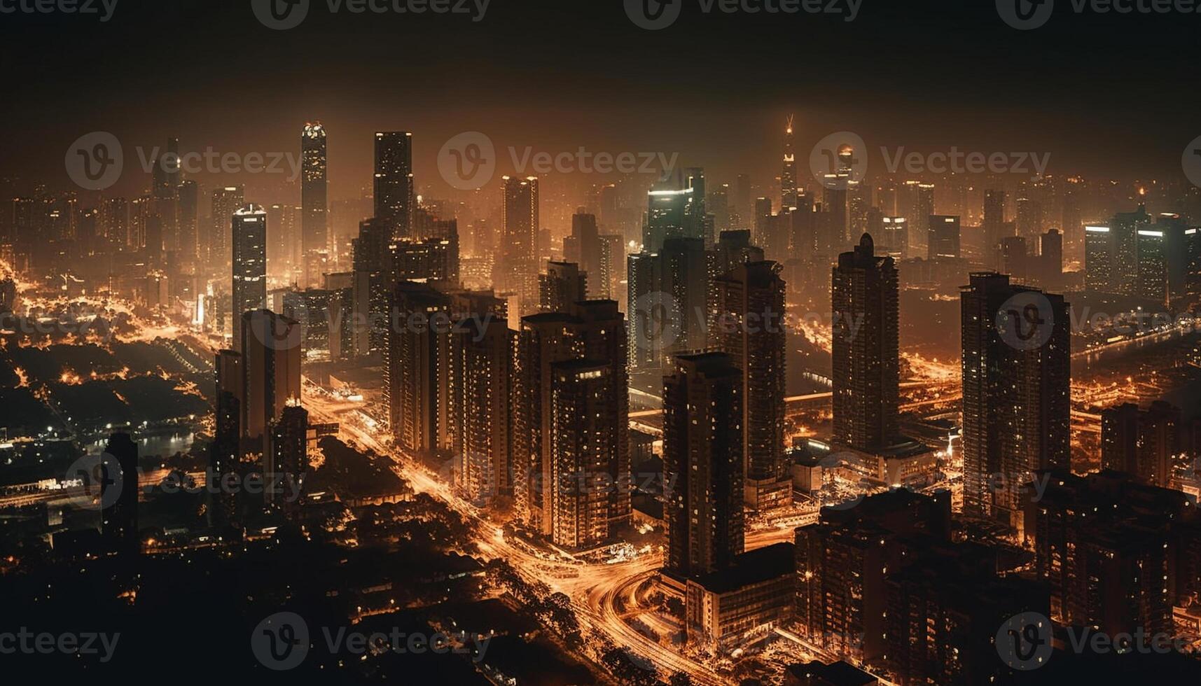 brillante paisaje urbano a oscuridad, financiero distrito moderno rascacielos iluminado generado por ai foto