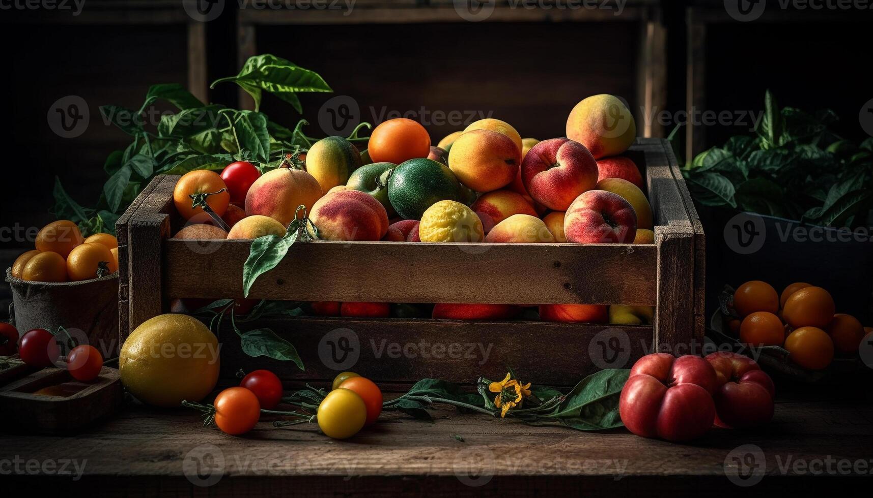 Rustic crate holds large collection of fresh organic vegetables and fruits generated by AI photo