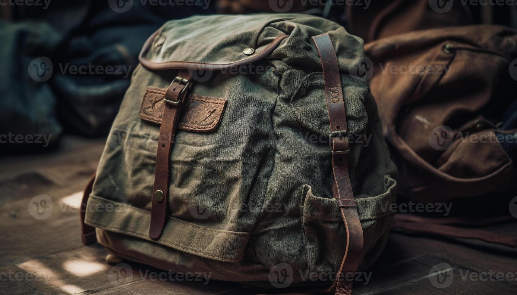 Backpacker hiking through forest with old fashioned leather backpack generated by AI photo