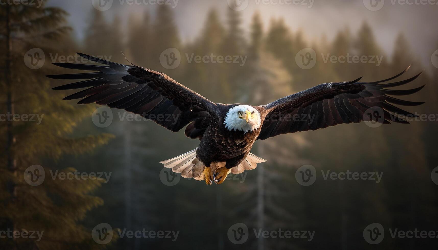 Majestic bald eagle spreads wings in mid air, soaring with freedom generated by AI photo