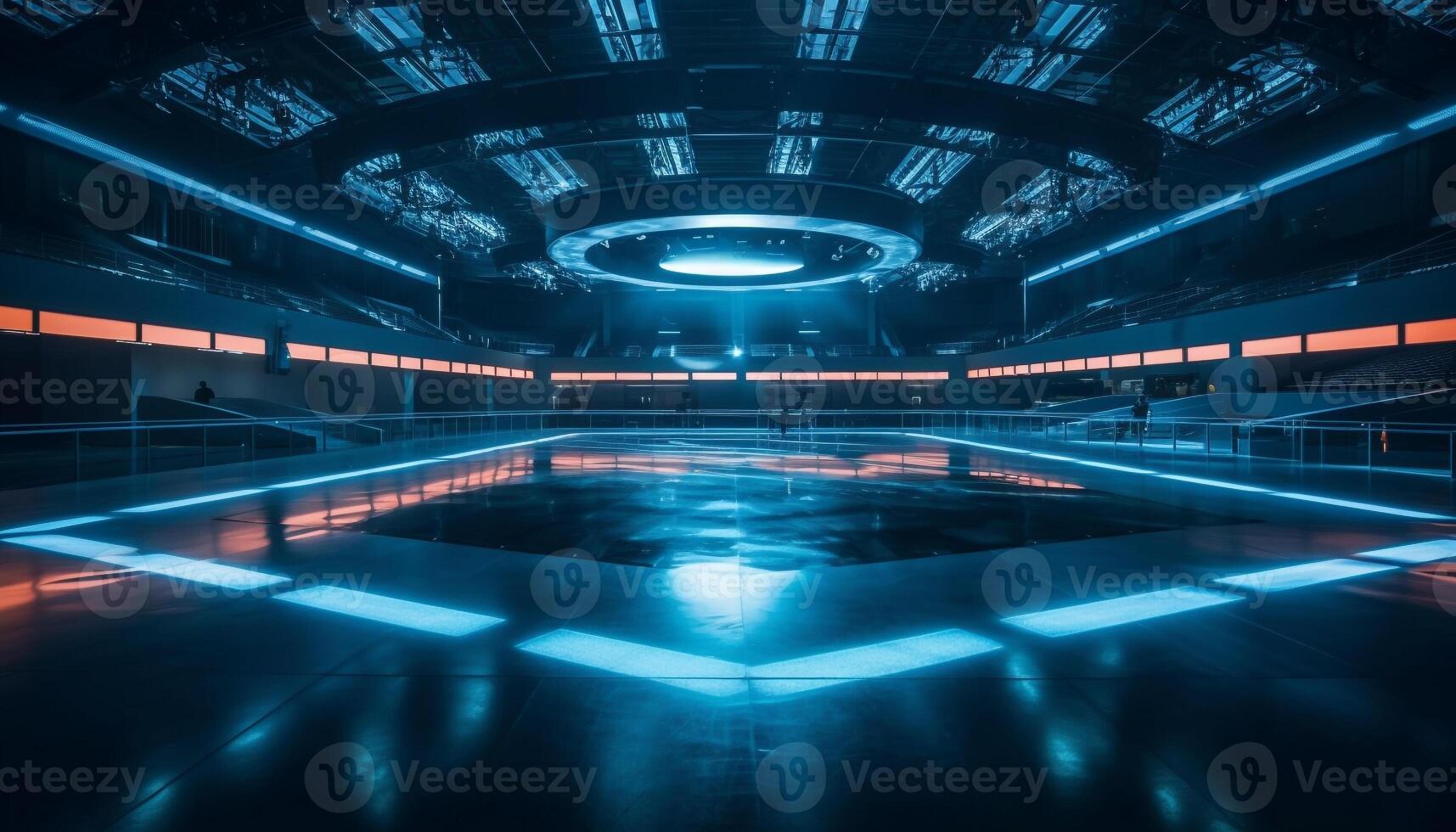 Futuristic architecture illuminates empty corridor with clean, bright lighting equipment generated by AI photo