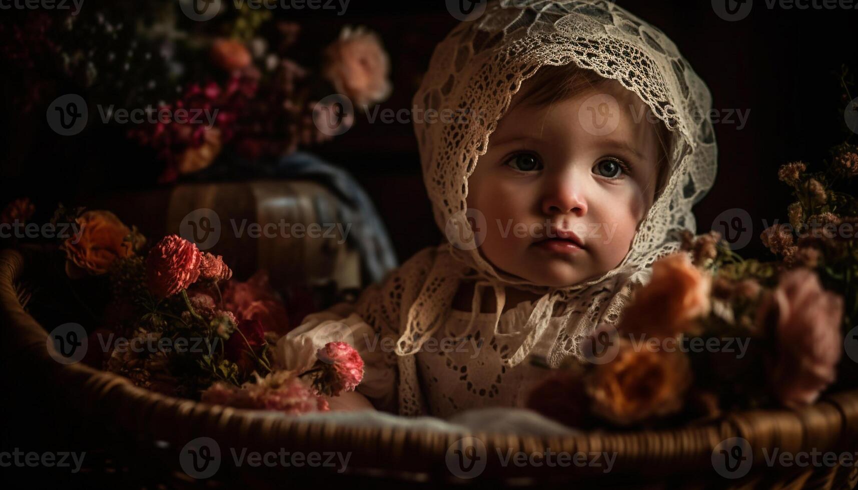 Cute baby girl smiling, holding flower basket in autumn studio generated by AI photo