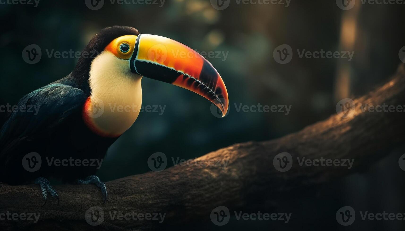 Toucan perching on branch, vibrant feathers, close up, tropical beauty generated by AI photo