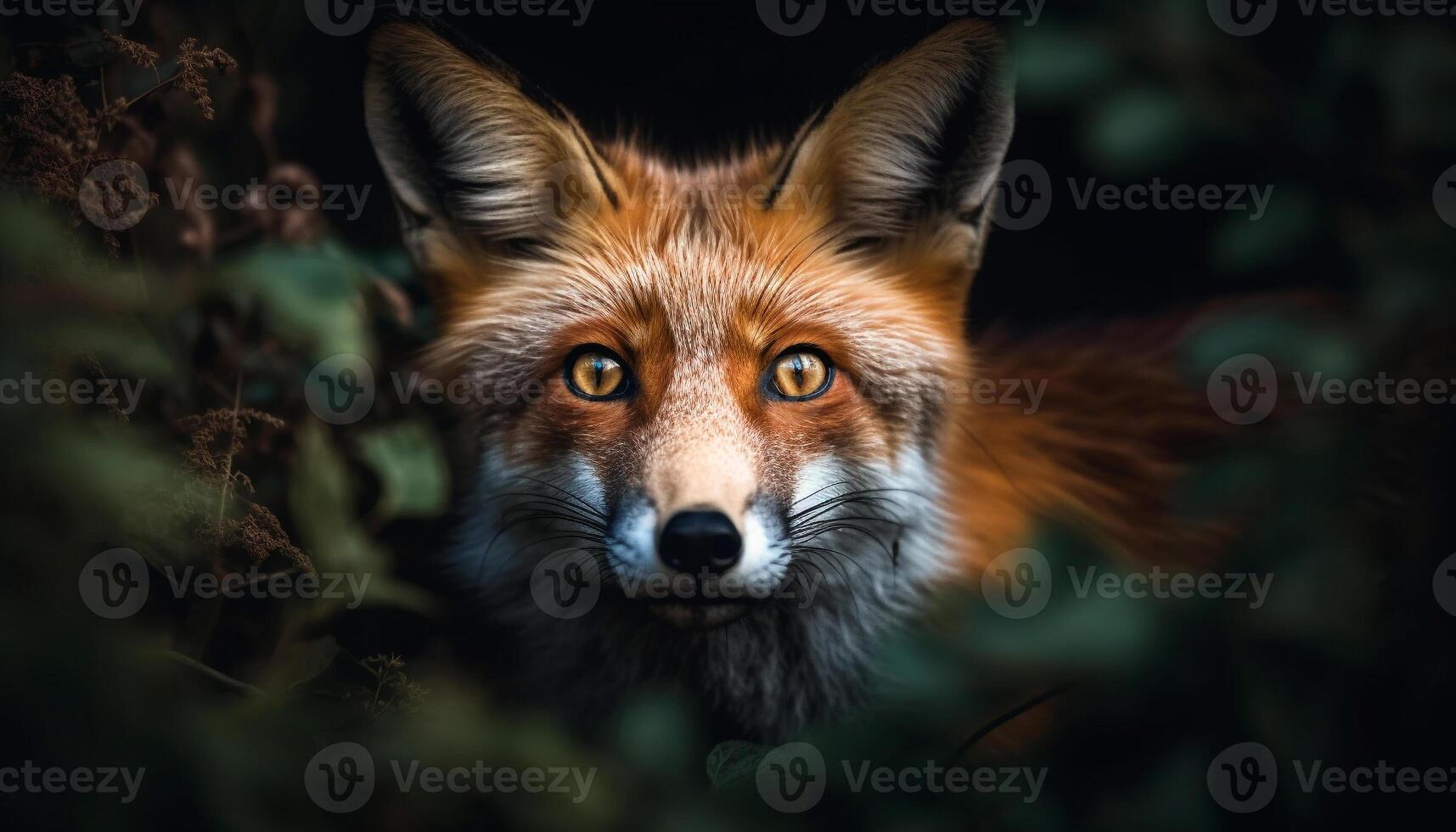 Red fox staring, alert in winter forest, beauty in nature generated by AI photo
