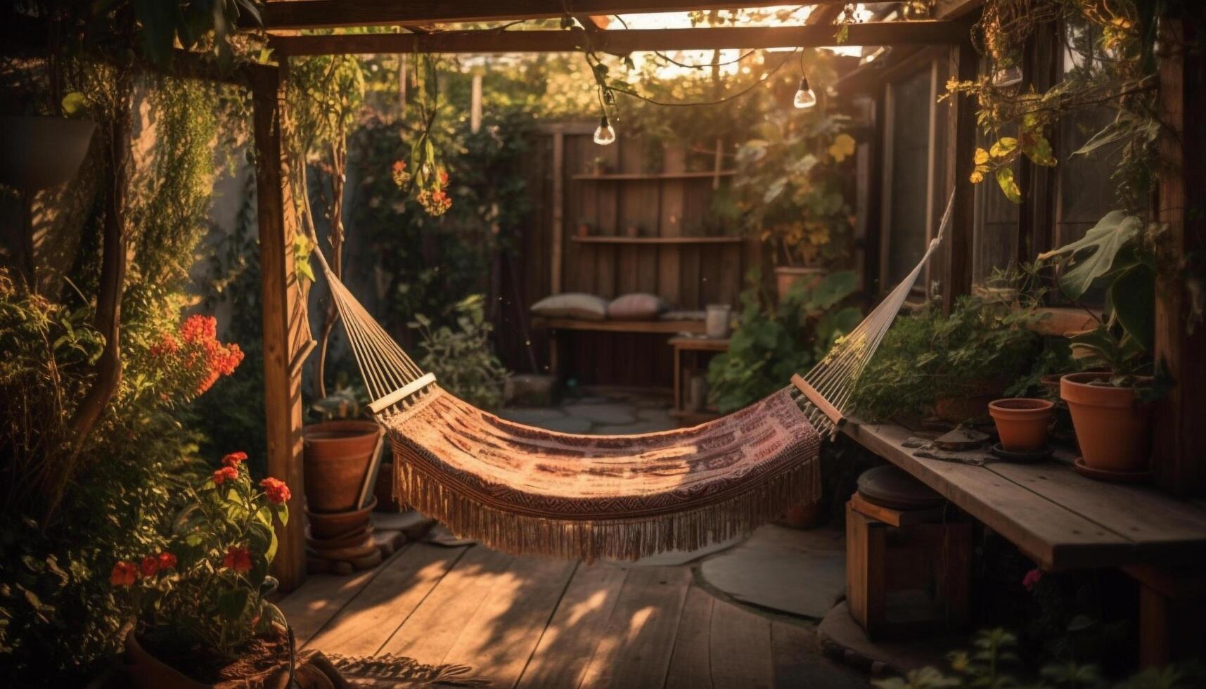 Rustic flower pot on old fashioned table brings tranquil outdoor relaxation generated by AI photo