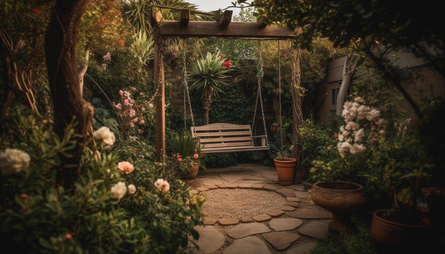 tranquilo verano noche en un formal jardín con linternas brillante generado por ai foto