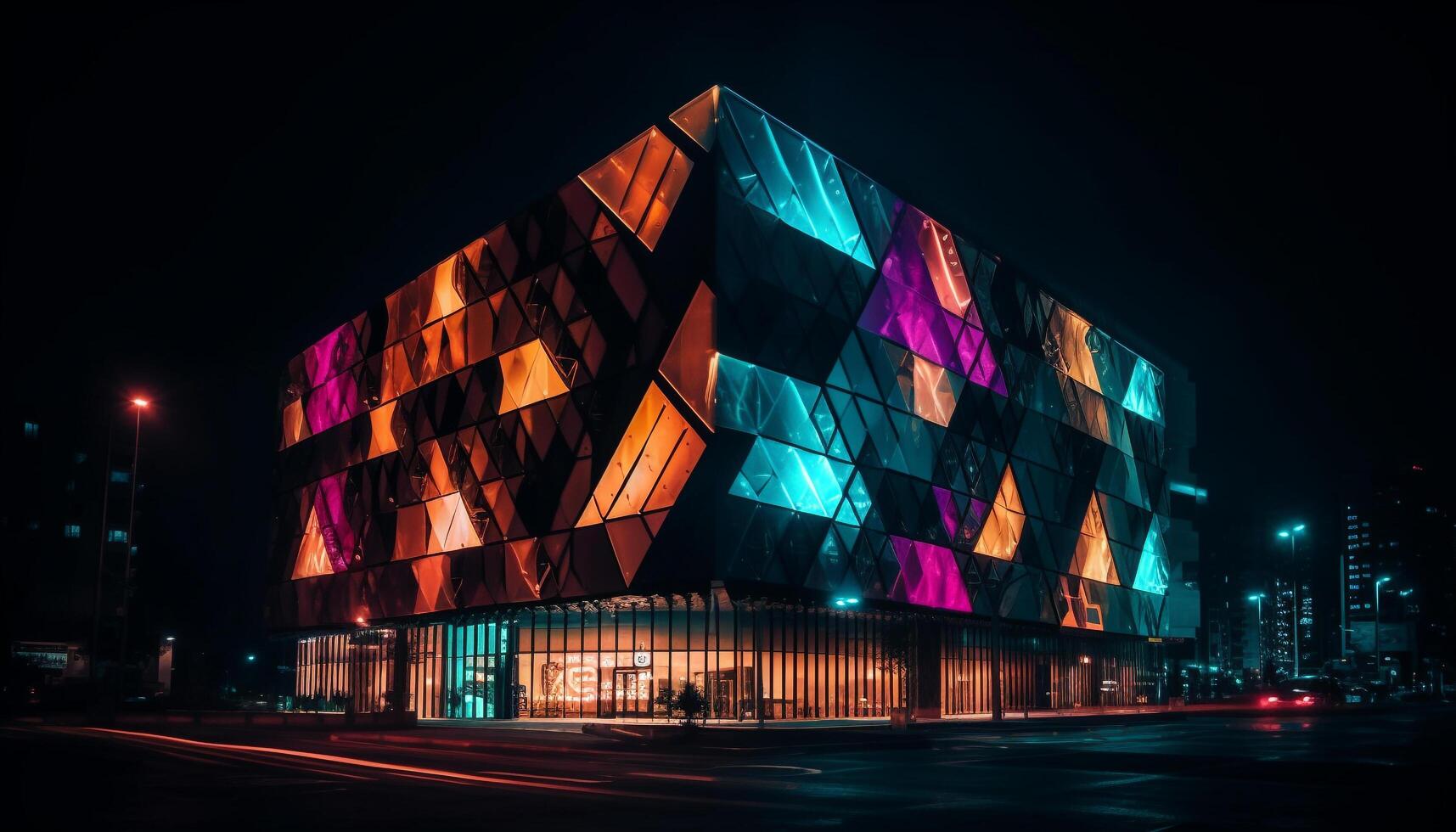 Vibrant city skyline illuminated by multi colored lights at night generated by AI photo