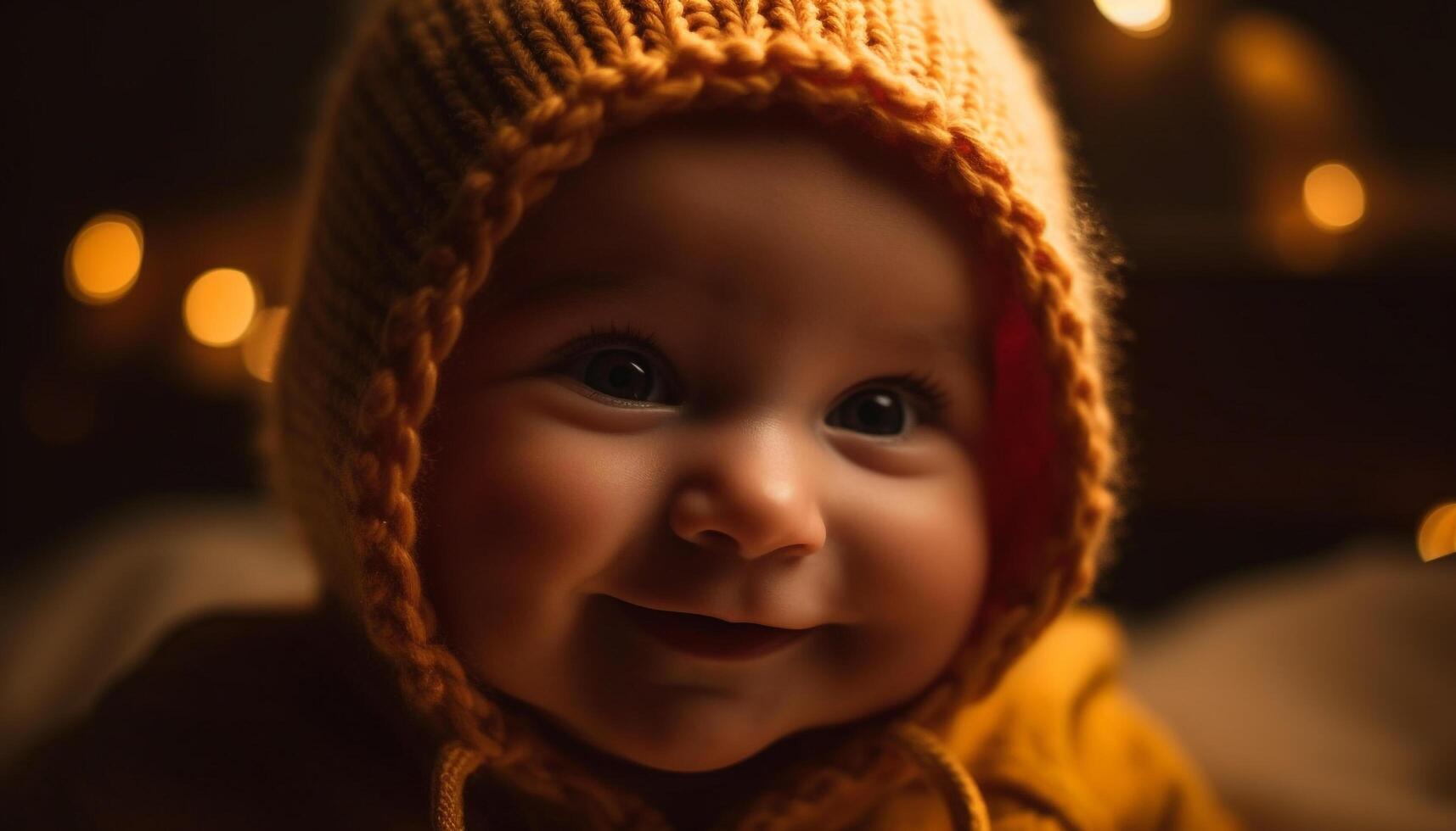 Smiling baby girl warm enjoys autumn nature outdoors generated by AI Stock Photo at Vecteezy