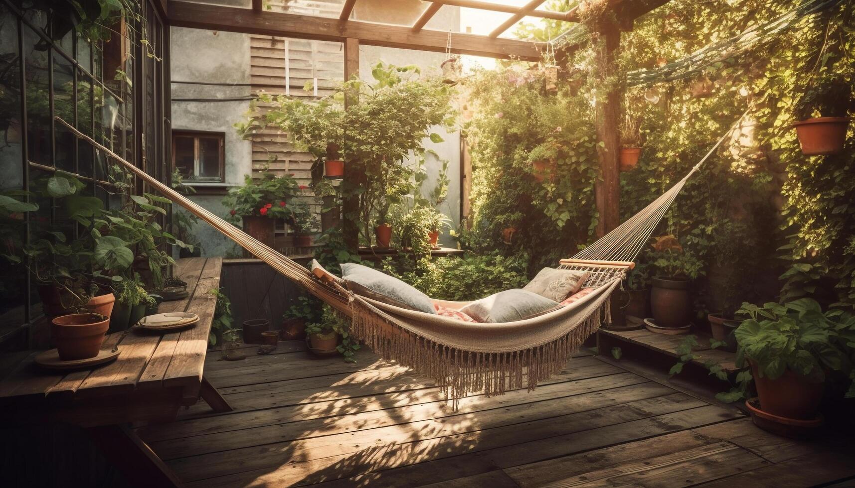 Comfortable hammock resting under tree, enjoying tranquil summer outdoors generated by AI photo