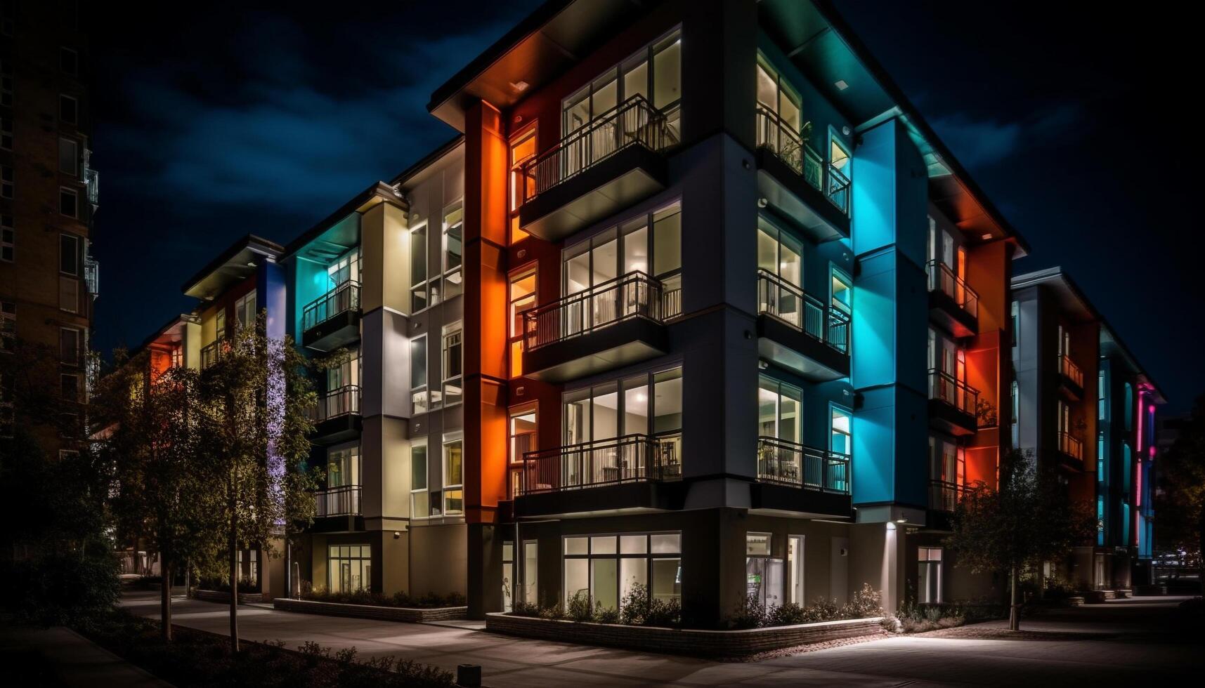 moderno rascacielos ilumina vibrante ciudad calle con brillante azul reflexión generado por ai foto