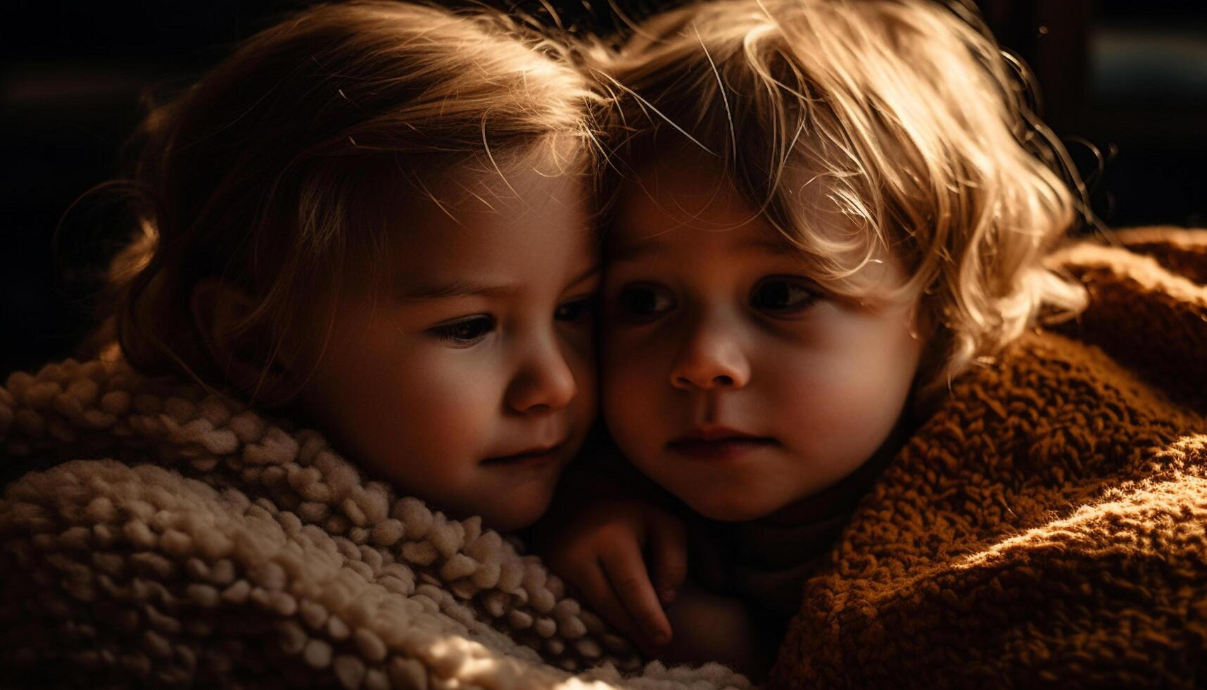 dos linda caucásico bebé muchachas abrazando en cerca arriba retrato generado por ai foto