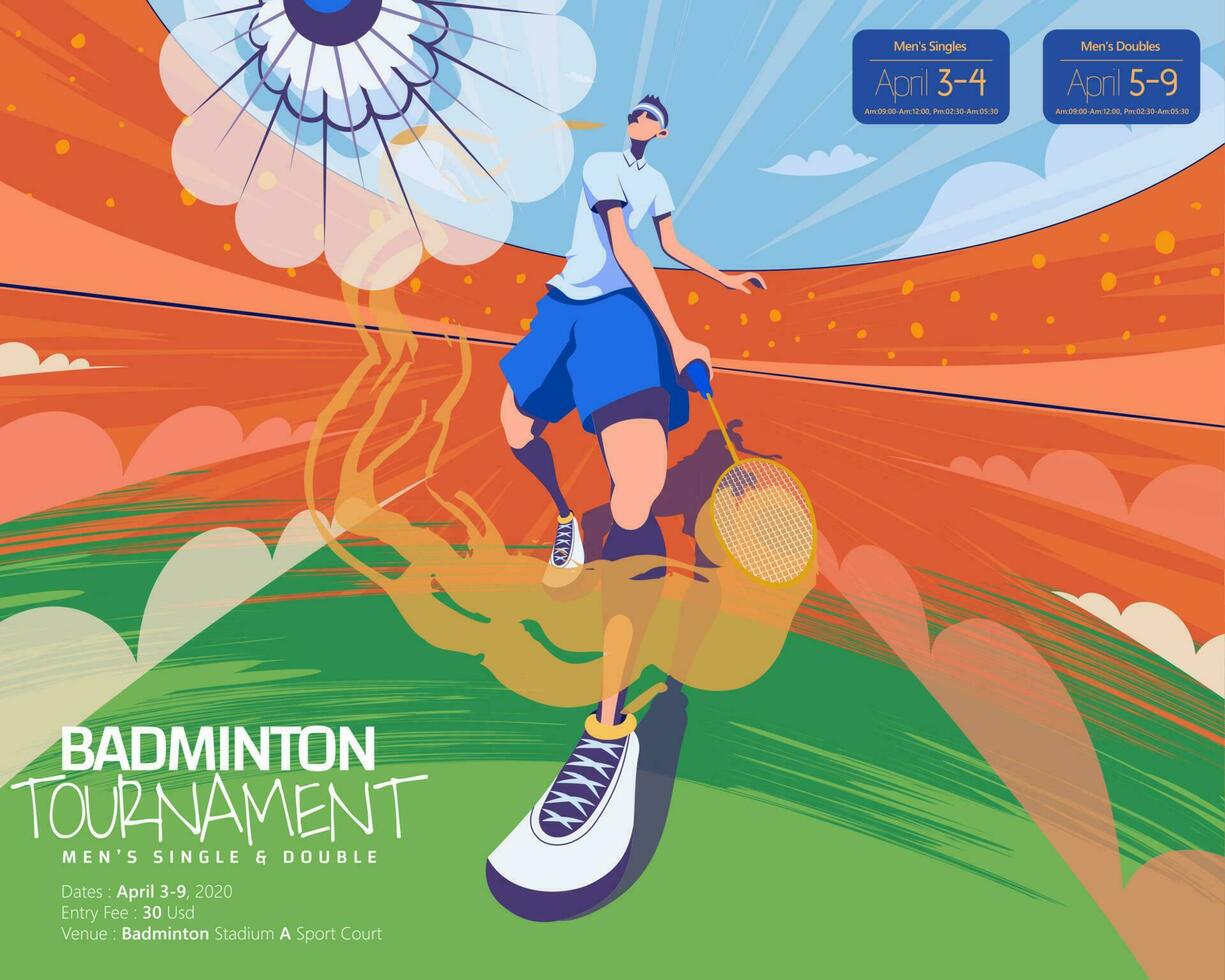 Badminton tournament poster template, bottom up fish eye view of male character striking shuttlecock in flat style vector