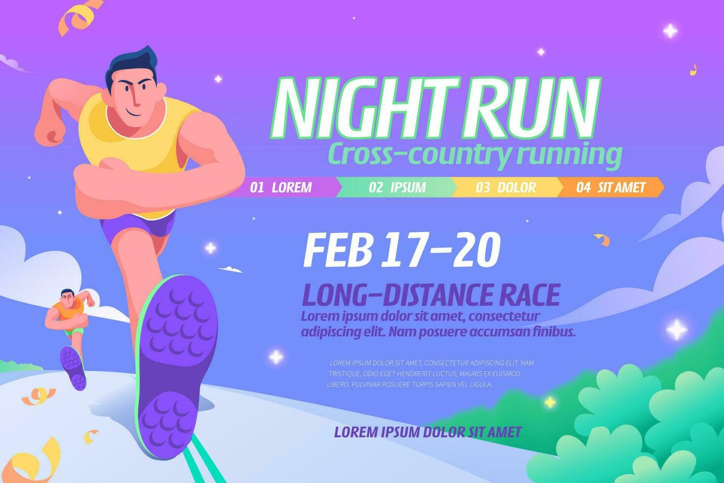 Night run event illustration with competitors running under the purple-blue gradient starry night vector