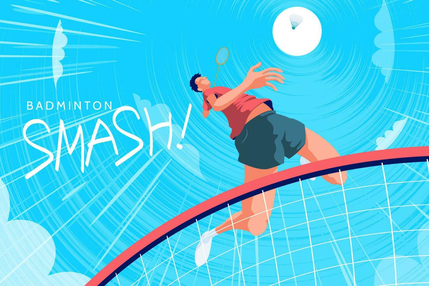 Badminton tournament poster, bottom up view of young energetic player doing super jump smash in fish eye view vector