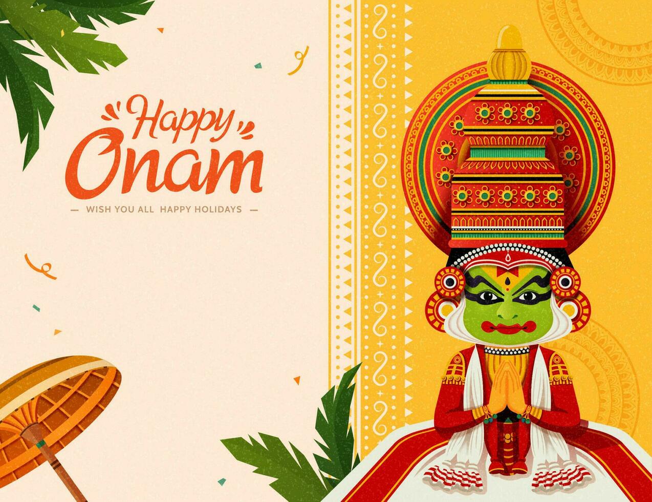 Happy Onam festival with Kathakali dancer and umbrella elements vector