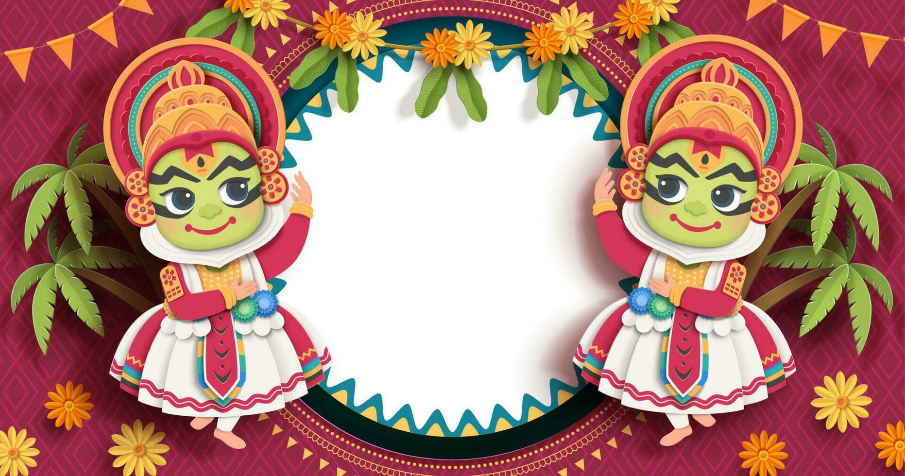 Happy Onam festival design with cute Kathakali dancer on burgundy red background in paper art vector