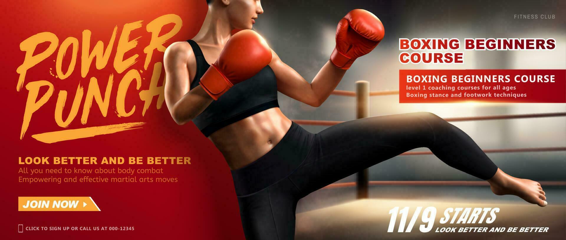Boxing course banner with woman boxer kicks high in ring, 3d illustration vector