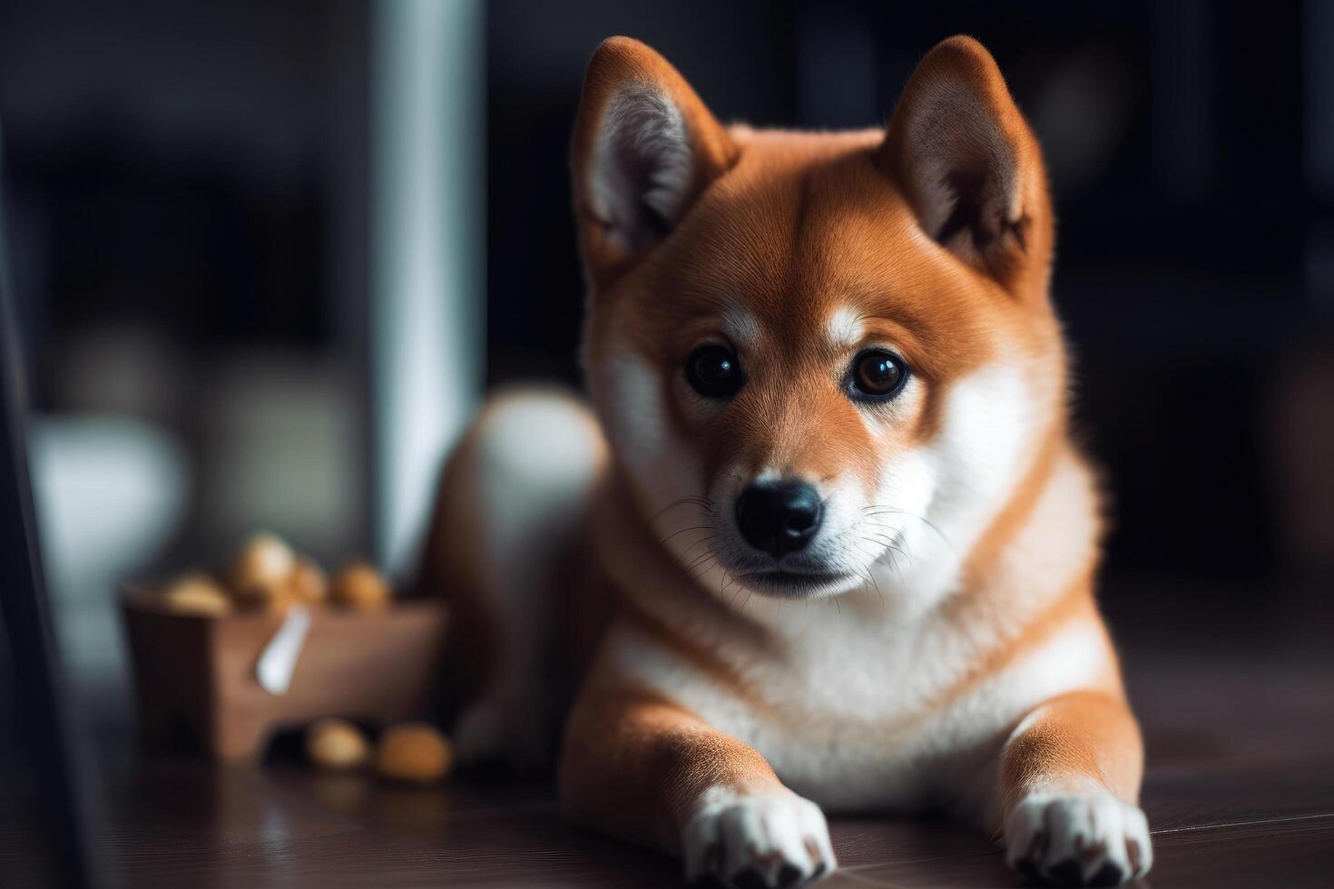 Portrait of a shiba inu dog lying on the floor photo