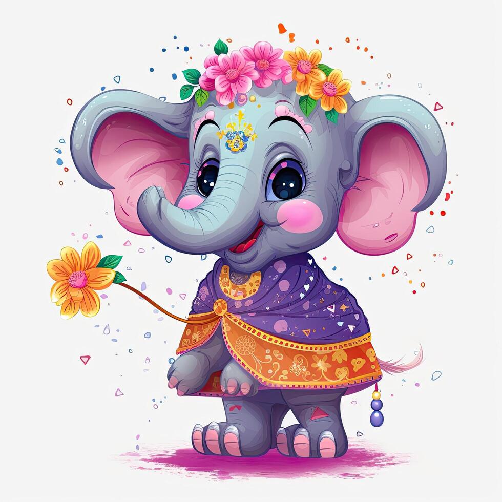 Cute elephant baby cartoon illustration on a white background. Colorful Elephant sitting set design with color splashes. Colorful baby elephant cartoon for kids coloring pages. . photo