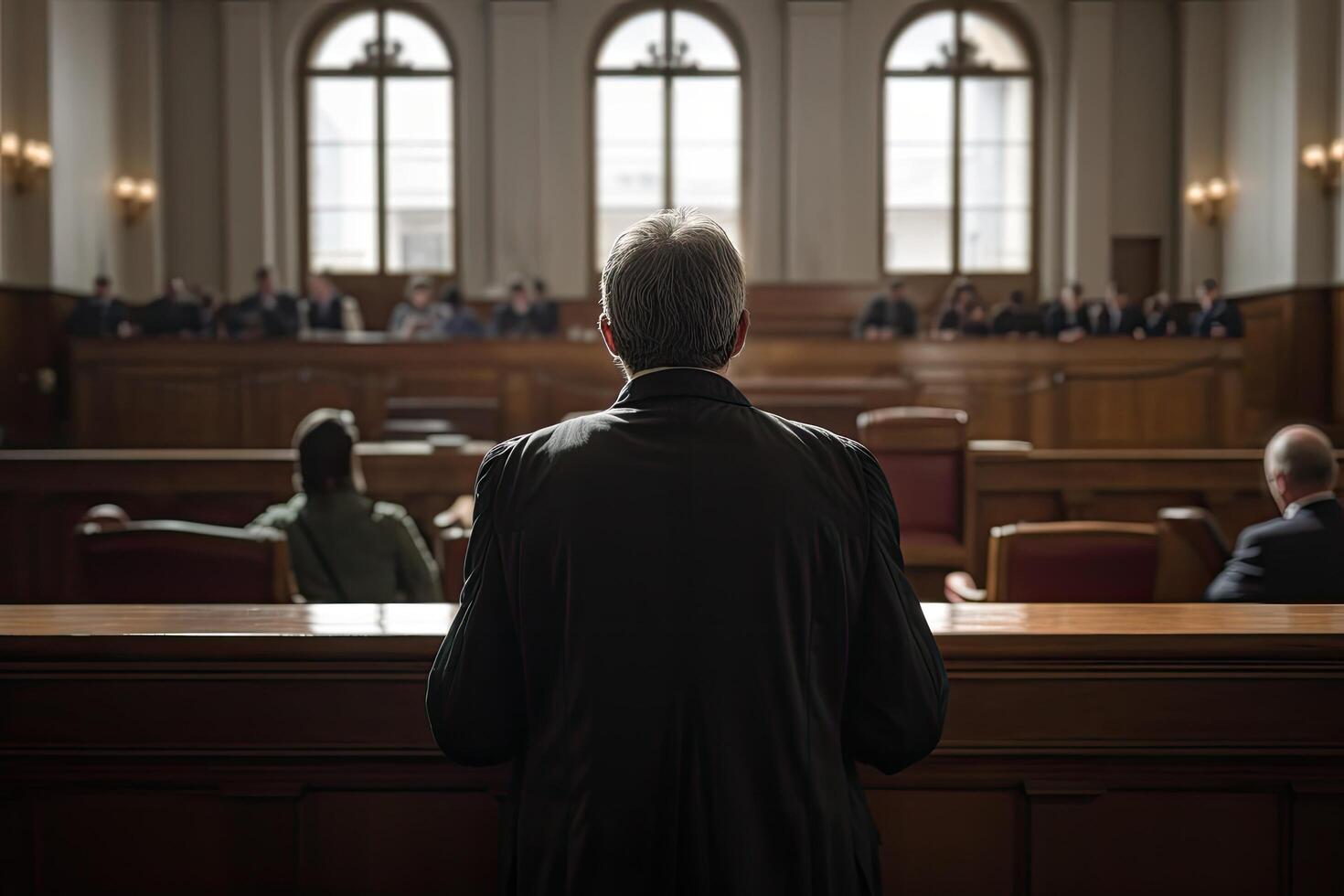 posterior ver de un hombre sentado a el mesa en un sala de justicia, un Corte abogado abogado lleno posterior ver dentro corte, ai generado foto